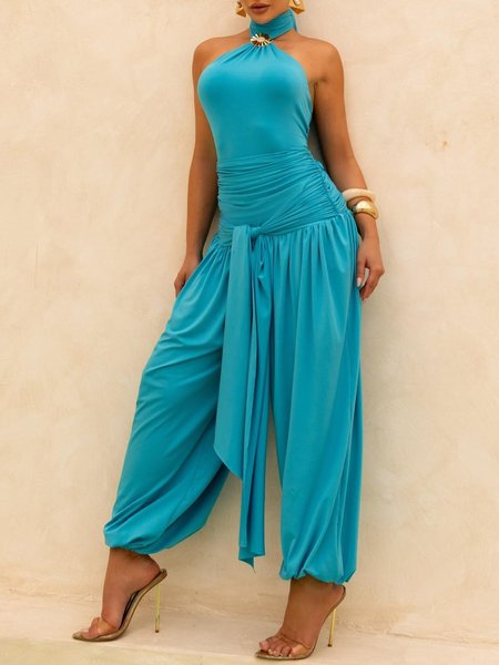 

Vacation Ruched Lace-up Plain Halter Jumpsuit, Blue, Jumpsuits