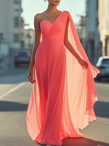 

Elegant Plain Asymmetric One Shoulder Maxi Dress, As picture, Cocktail Dresses