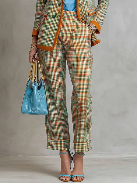 

Plus Size Urban Plaid Printing Straight Pants, As picture, Plus Bottoms