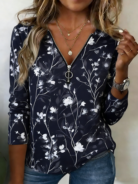 

Vintage Floral V Neck Long Sleeve T-shirt, Navyblue, T-shirts