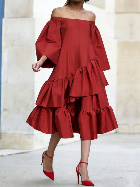 Elegant Plain Peplum Off The Shoulder Midi Dress