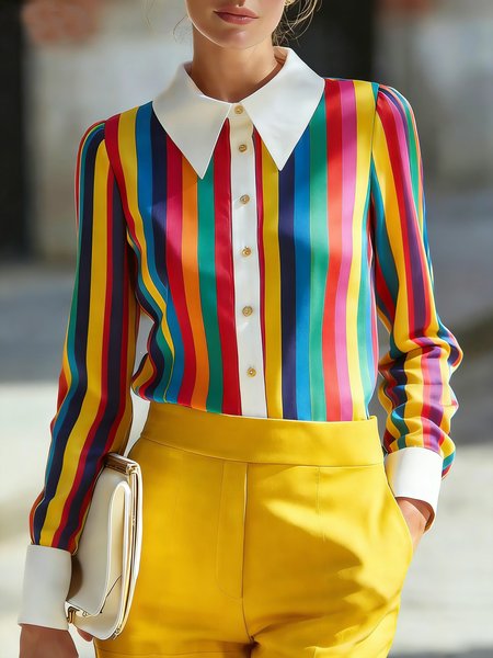 

Elegant Striped Printing Shirt Collar Shirt, As picture, Blouses and Shirts