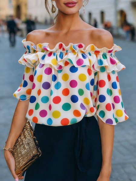 

Urban Polka Dots Printing Off The Shoulder Blouse, Multicolor, Blouses and Shirts