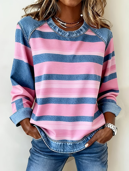 

Women Abstract Stripes Crew Neck Printing Vintage Spring/Fall Long Sleeve Sweatshirt, Pink, Sweatshirts & Hoodies