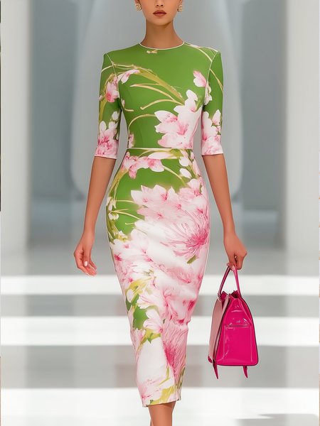 Elegant Floral Printing Crew Neck Midi Dress