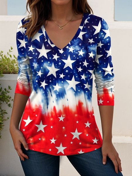 

Casual Independence Day (Flag) V Neck Long Sleeve T-shirt, Color3, T-shirts