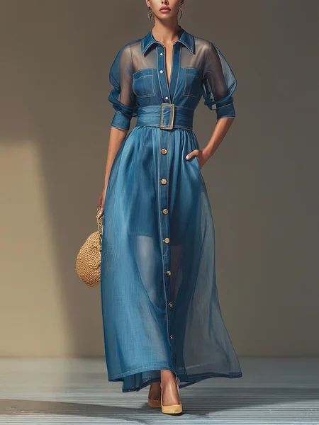 Denim Casual Plain Puff Sleeve Split Joint Shirt Collar Maxi Dress With Belt
