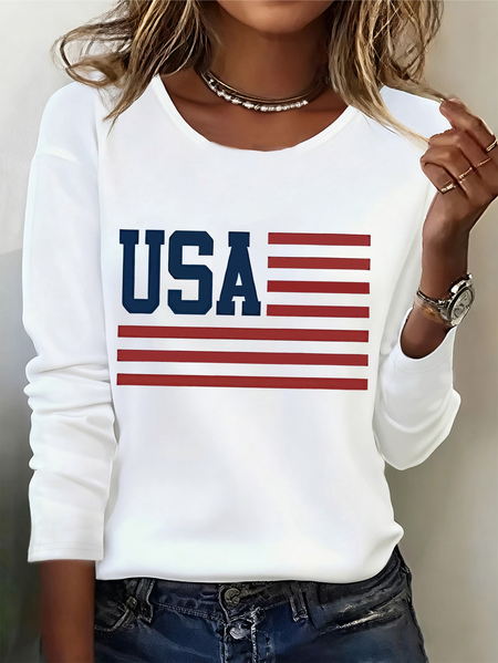 

Casual America Flag Crew Neck Long Sleeve T-shirt, White, T-shirts