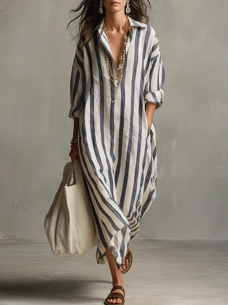 

Casual Striped Shirt Collar Midi Dress, Blue, Midi Dresses
