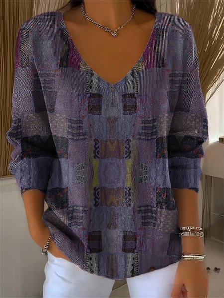 

Women Abstract Long Sleeve Tee T-shirt V Neck Printing Casual Spring/Fall Top, Purple, T-Shirts