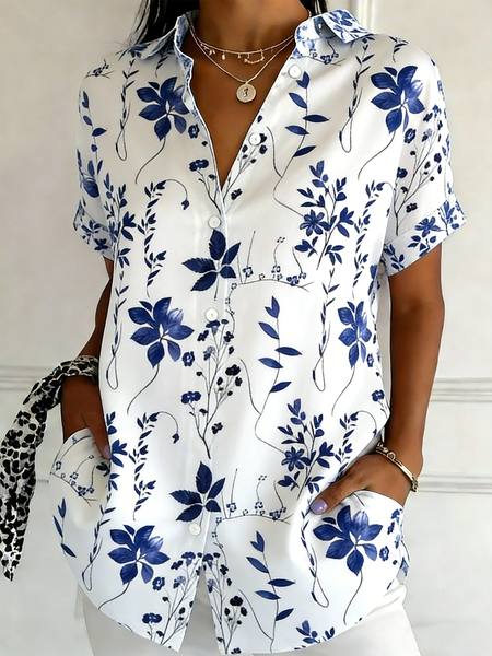 Shawl Collar Short Sleeve Floral Regular Regular Fit Shirt For Women