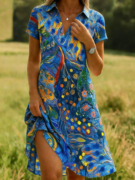 

Women Psychedelic Art All Season Dress Shawl Collar Short Sleeve Shirt Dress A-Line Dress, Blue, Dresses