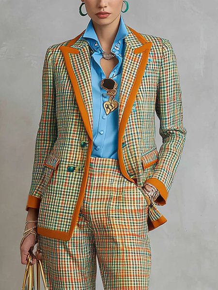 

Plus Size Urban Printing Plaid Lapel Collar Blazer, As picture, Plus Tops