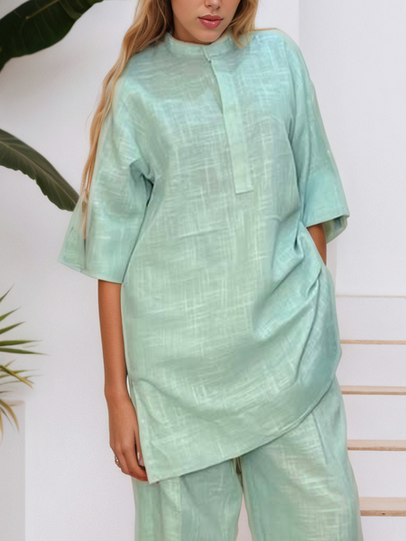 Cotton Casual Plain Buttoned Mock Neck Blouse