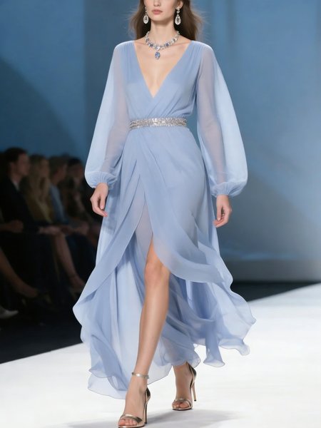 

Elegant Plain Zipper V Neck Maxi Dress, Blue, Midi Dresses