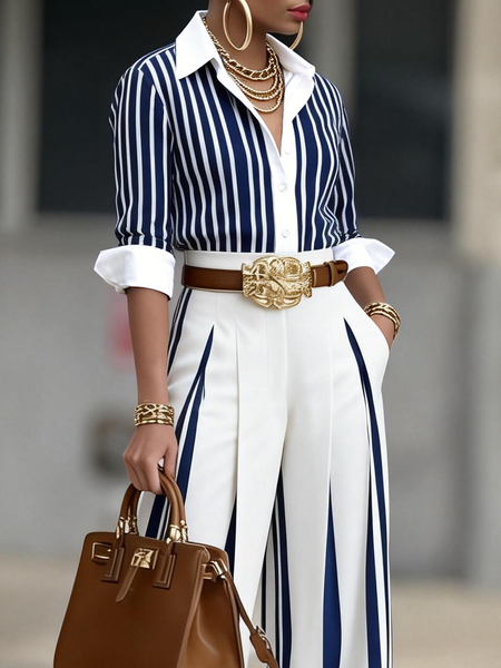 

Urban Striped Blouse Shirt Collar Regular Fit Half Sleeve Commuting, Stripe, Blouses and Shirts