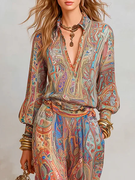 

Elegant Paisley Printing Shawl Collar Puff Sleeve Blouse, As picture, Blouses and Shirts