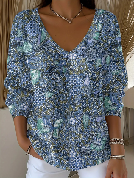 

Casual Abstract V Neck Long Sleeve T-shirt, Blue, T-shirts