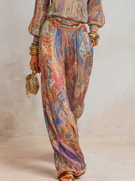 

Elegant Paisley Wide Leg Pants No Belt, As picture, Pants