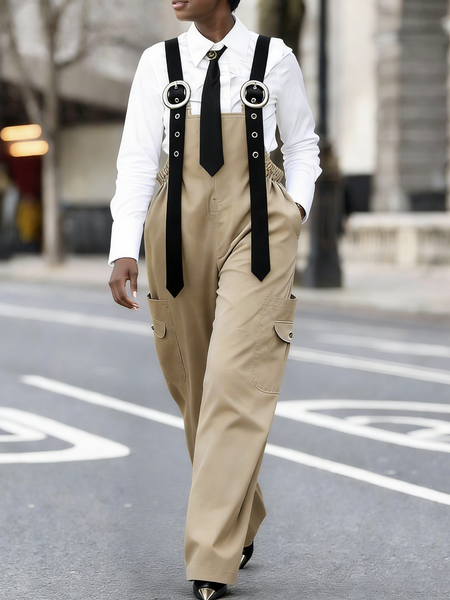 

Urban Color Block Spaghetti Overall Bib Pants, Khaki, Jumpsuits