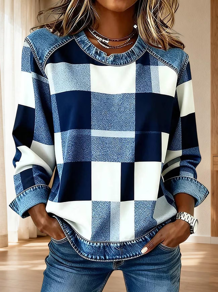 

Women Abstract Plaid Crew Neck Printing Vintage Spring/Fall Long Sleeve Sweatshirt, Blue, Sweatshirts & Hoodies