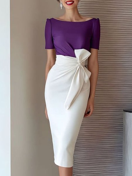 

Elegant Color Block Bow Boat Neck Midi Dress, Purple, Cocktail Dresses