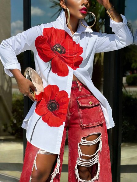 

Casual Floral Printing Shirt Collar Shirt, White-red, Blouses and Shirts
