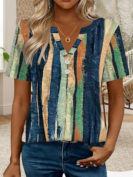 Elegant Striped V Neck Short Sleeve T-shirt