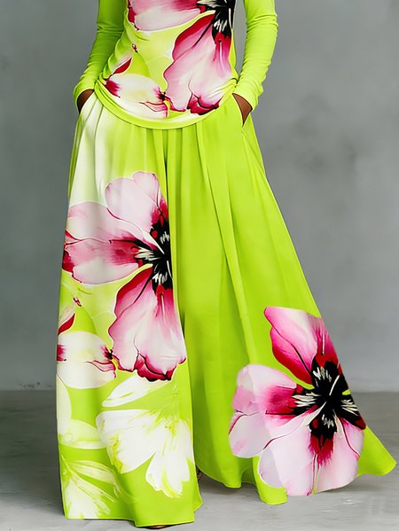 

Plus Size Vacation Floral Printing Wide Leg Pants, As picture, Plus Bottoms