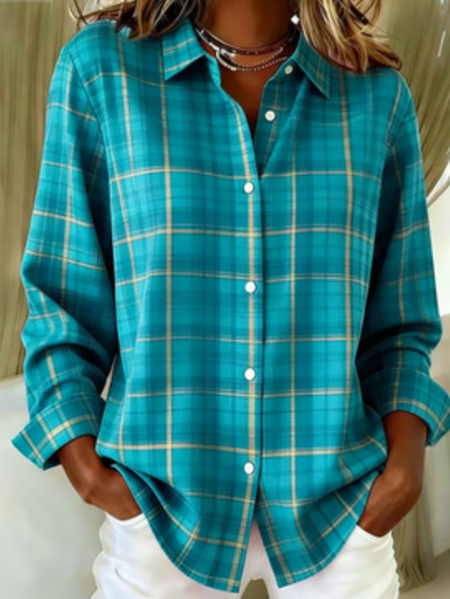 

Shirt Collar Regular Sleeve Long Sleeve Plaid Buckle Regular Loose Button Up Shirt Shirt For Women, Cyan, Shirts