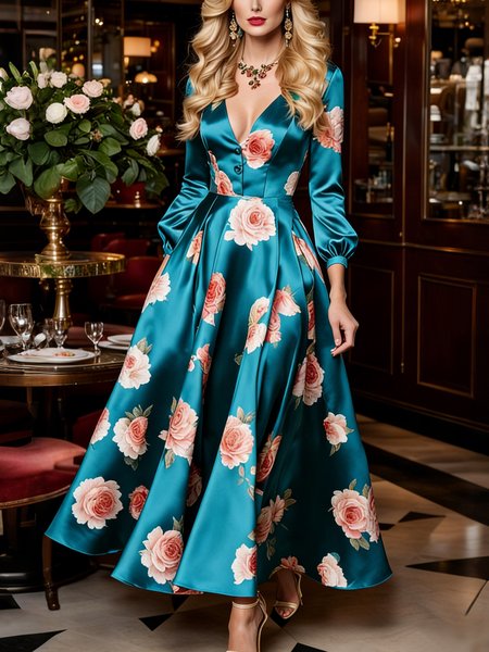 

Elegant Floral Printing V Neck Maxi Party Dress, Blue, Cocktail Dresses