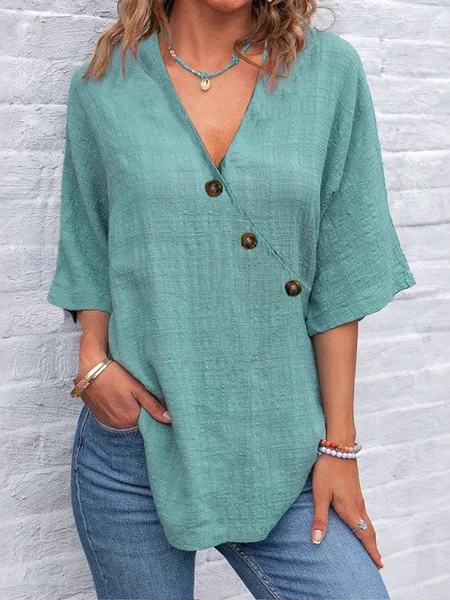 

Casual Plain Buttoned V Neck Blouse, Blue, Blouses & Shirts