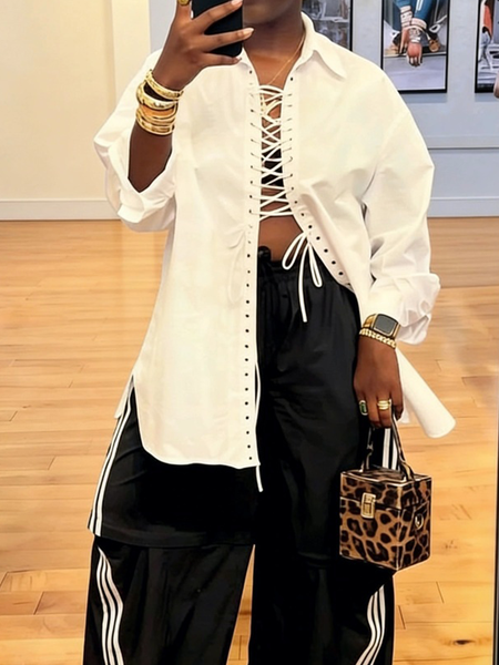 

Casual Plain Lace-up Shirt Collar Shirt, White, Blouses and Shirts