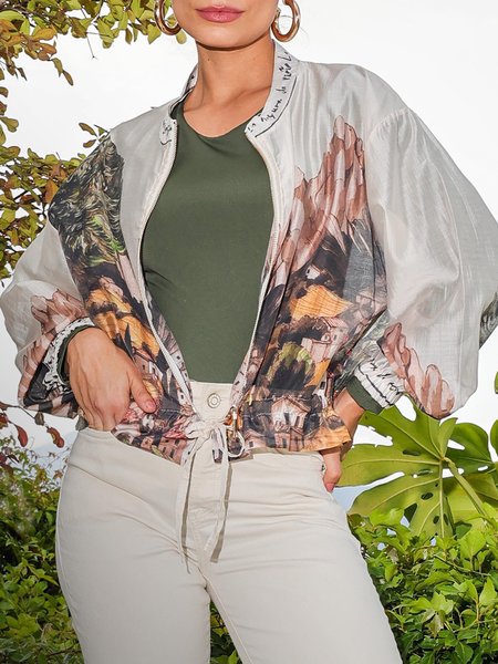 

Casual Balloon Sleeve Landscape Print Stand Collar Jacket, As picture, Jackets
