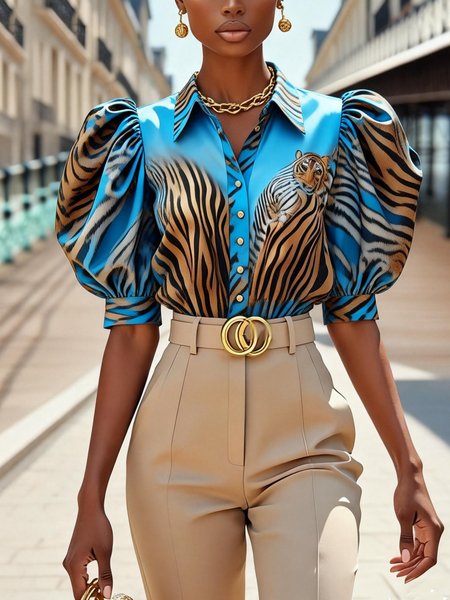 

Urban Animal Print Printing Shirt Collar Puff Sleeve Shirt, Blue, Blouses and Shirts