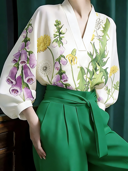 Elegant V-Neck Floral Print Silky Loose Blouse