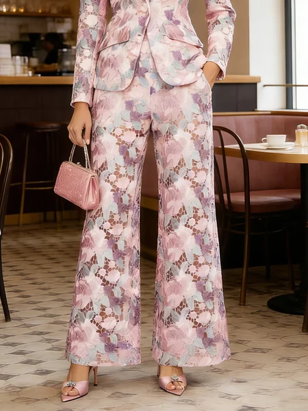 Elegant Floral Embroidered Straight Leg Cotton Pants