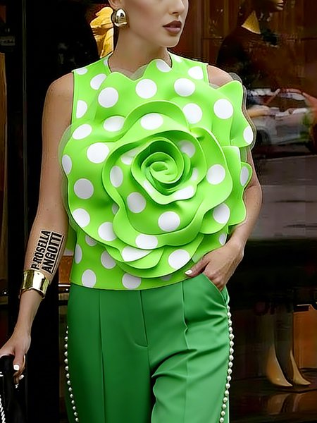 

Urban Polka Dots 3D Floral Crew Neck Tank Top, Green, Tanks and Camis