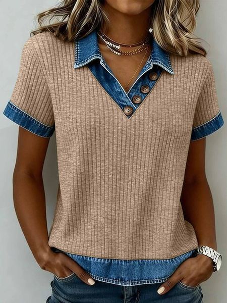 V Neck Short Sleeve Color Block Regular Micro-Elasticity Loose Blouse For Women