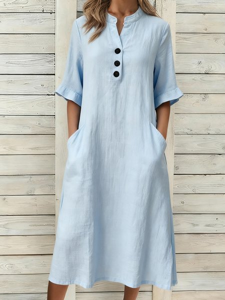 

Women Plain Summer Dress Stand Collar Short Sleeve A-Line Dress, Blue, Dresses