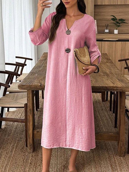 

Casual Plain Buttoned V Neck Midi Dress, Pink, Maxi Dresses