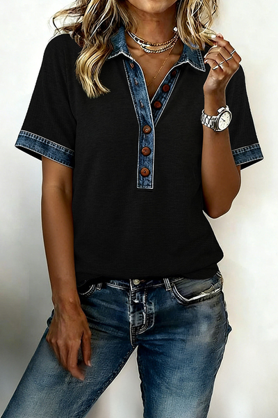 

Shawl Collar Short Sleeve Color Block Regular Regular Fit Shirt For Women, Black, Shirts