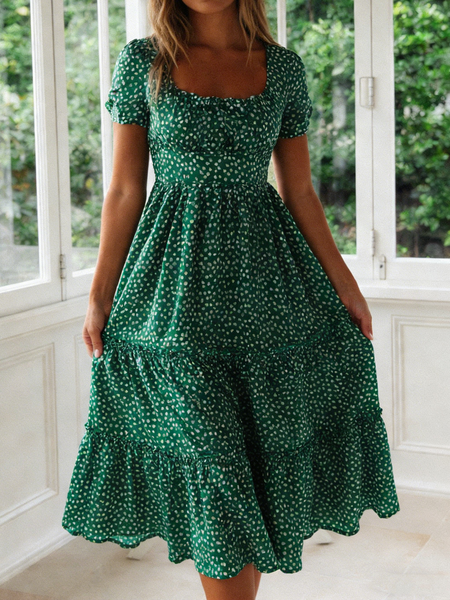 

Women Ditsy Floral Summer Dress Short Sleeve A-Line Dress, Green, Dresses