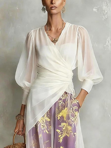 

Urban Plain Ruched V Neck Blouse, White, Blouses and Shirts