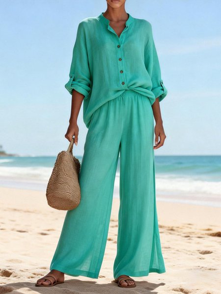 

Women Plain Two-Piece Set Daily Long Sleeve Casual Spring/Fall Top With Pants Matching Set, Green, Sets