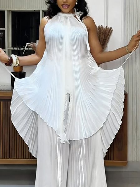 

Elegant Plain Pleated Halter Blouse, White, Blouses and Shirts