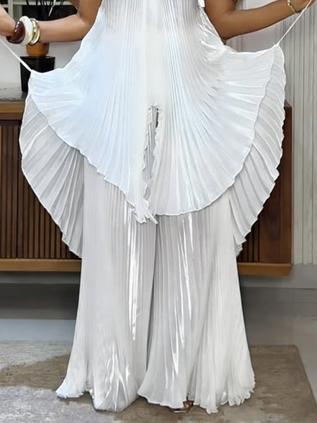 

Elegant Plain Pleated Wide Leg Pants, White, Pants