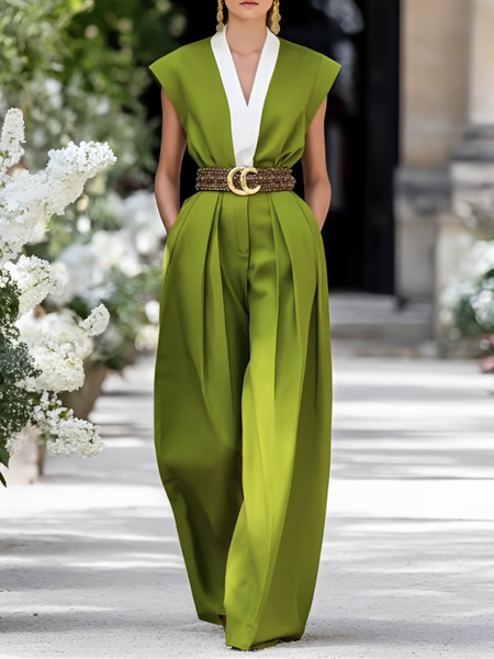Urban Color Block V Neck Jumpsuit