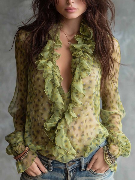 

Elegant Leopard Lotus Leaf Collar Blouse, Green, Blouses and Shirts
