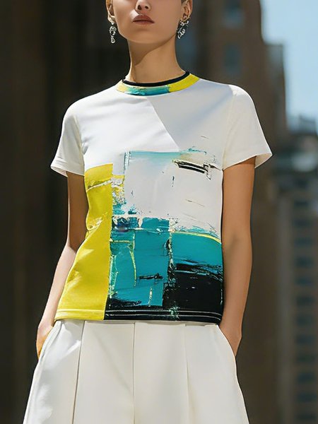 

Casual Random Print Printing Crew Neck T-shirt, As picture, Tees